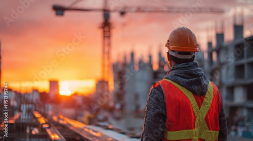 Construction worker watching sunset at urban construction site
