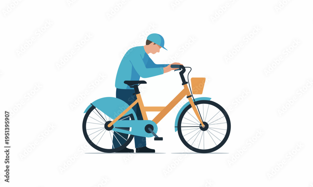 Naklejka premium Man Repairing a City Bicycle Flat Vector Illustration