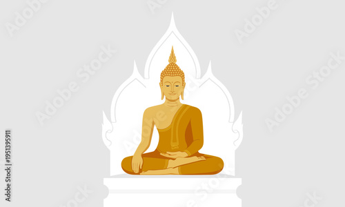 Golden Buddha Statue Sitting in Meditation Flat Vector Illustration