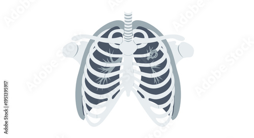 A simplified anatomical illustration shows a grey human rib cage with faint blue lung outlines and a highlighted tumor-like mass.