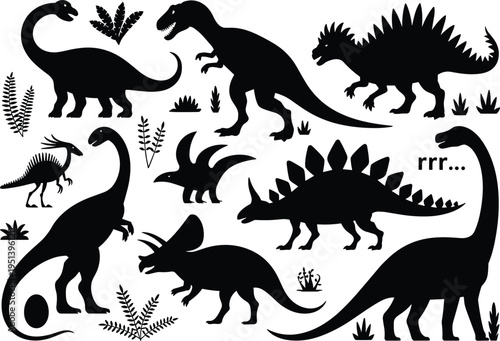 Dinosaur Silhouette Set with T Rex Triceratops Stegosaurus and Jurassic Plants Vector Illustration Collection