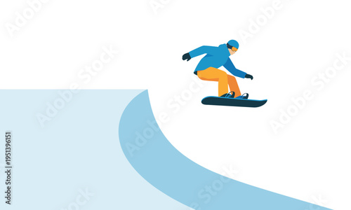Minimalist flat vector illustration of a snowboarder jumping in mid air