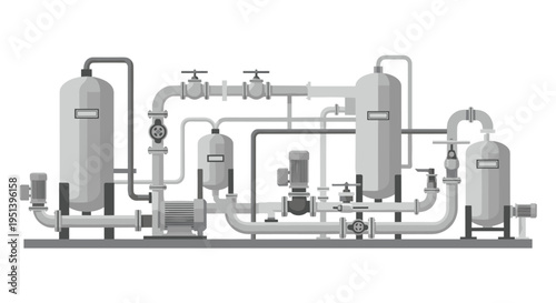 A complex industrial system features multiple grey tanks, pumps, and an intricate network of pipes and valves on a dark grey base.