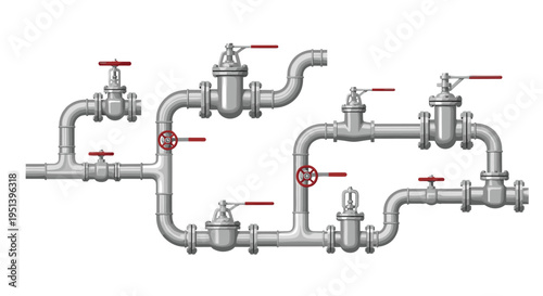 An extensive network of shiny metallic pipes is interconnected with numerous valves featuring red handles against a clean white background.
