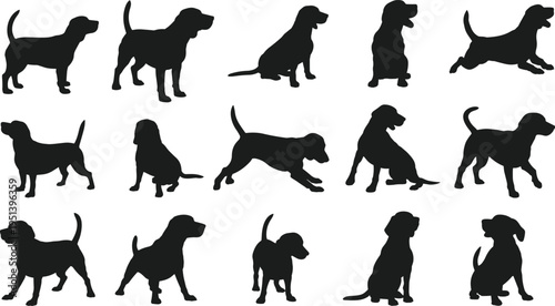 Dog silhouette vector set, playful canine poses black icons collection isolated on light background for branding and design