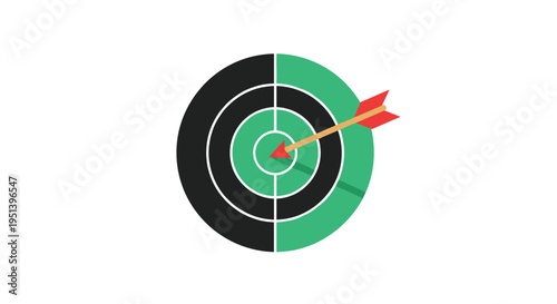 A circular target with black and green sections and a red arrow hitting the central green bullseye is displayed on a white background.