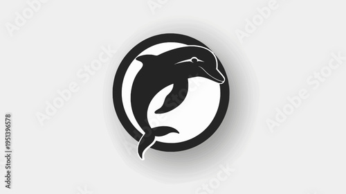 Black and white illustration of a dolphin inside a circular frame