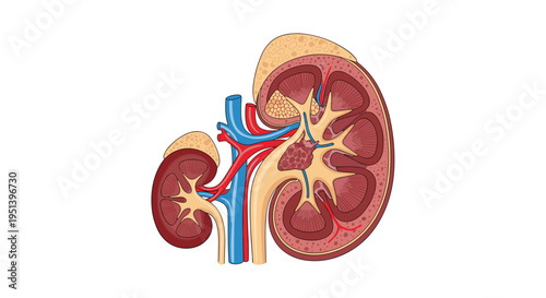 A detailed anatomical illustration shows a cross-section of a kidney next to an intact kidney with arteries, veins, and adrenal glands on a white background.