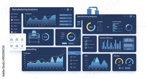 A complex digital dashboard with manufacturing analytics, graphs, charts, and data points is displayed across multiple dark blue panels on a light gray background.