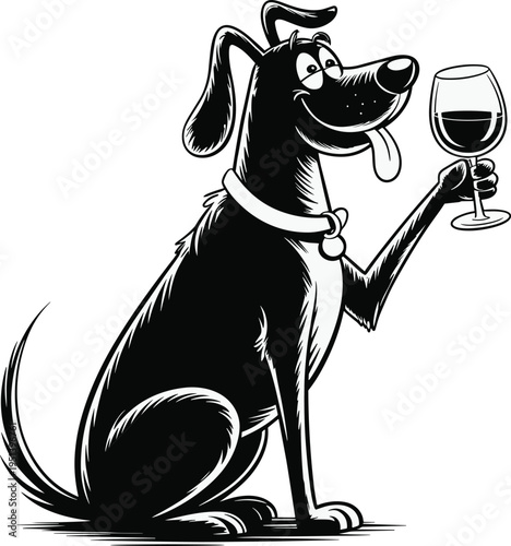 Funny cartoon dog holding wine glass illustration isolated on white background playful pet character design for party humor celebration concept