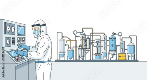 A person in a white hazmat suit operates a control panel next to a complex industrial chemical plant with tanks and pipes on a white background.