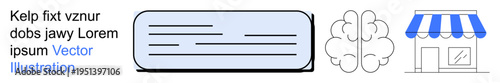 Marketing, education, neuroscience, visual communication, business concepts, and design. Minimalist text box, brain outline and storefront icon. Marketing and education portrayed visually