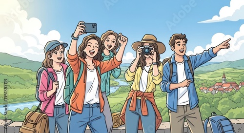 Happy Tourists Taking Photos and Exploring Scenic Landscape