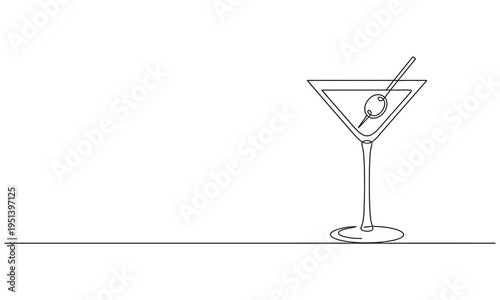 Continuous one line drawing of a martini glass. Cocktail drink continuous one line drawing. one line Icon drawing with white background