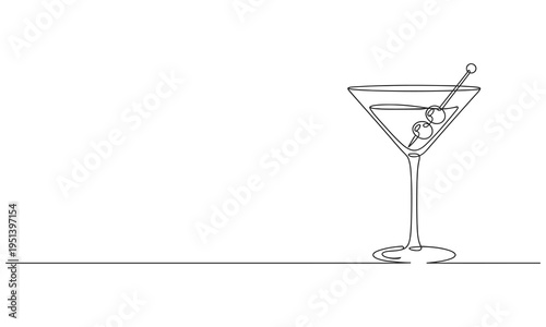 Continuous one line drawing of a martini glass. Cocktail drink continuous one line drawing. one line Icon drawing with white background