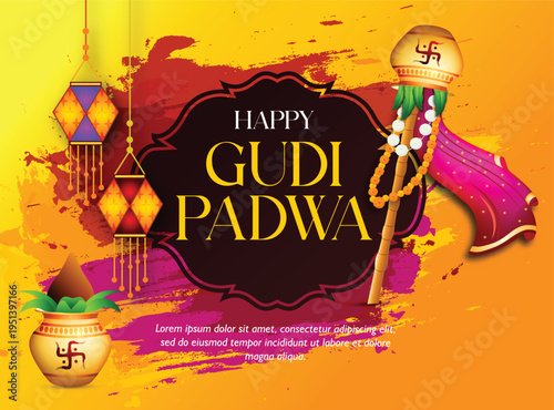 Greeting card with Kalash and traditional celebration  Indian New Year festival Gudi Padwa. Vector illustration.