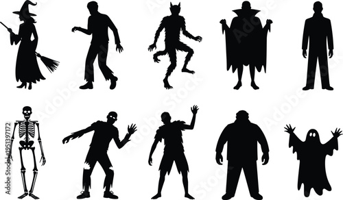 Halloween silhouette characters vector set, spooky witch zombie werewolf vampire ghost skeleton icons isolated on light background