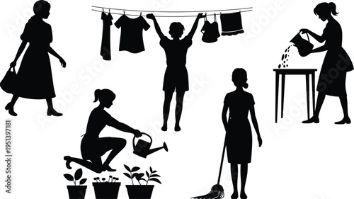Household chores and daily domestic activities silhouette set including laundry drying, plant watering, floor cleaning and cooking isolated on white background