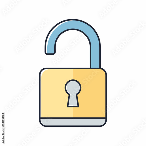 Simple cartoon illustration of an open yellow padlock with a blue shackle and keyhole, symbolizing security and access.