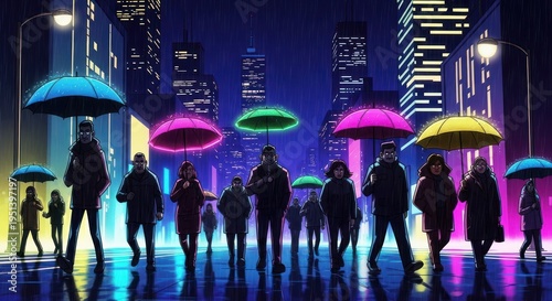 People with Colorful Umbrellas Walking in Neon City Rain at Night