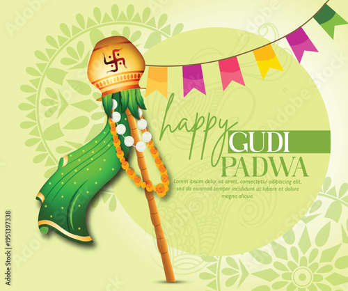 Greeting card with Kalash and traditional celebration  Indian New Year festival Gudi Padwa. Vector illustration.