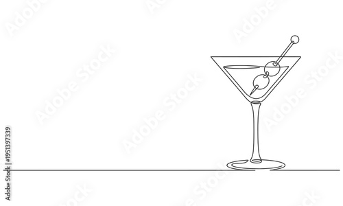 Continuous one line drawing of a martini glass. Cocktail drink continuous one line drawing. one line Icon drawing with white background