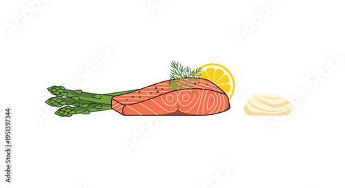 A single salmon fillet, asparagus, a lemon slice, and a dollop of sauce are arranged on a white background.