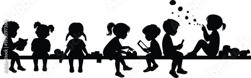 Kids Silhouette Sitting on Bench Reading Playing and Using Smartphone, Children Activity Vector Illustration