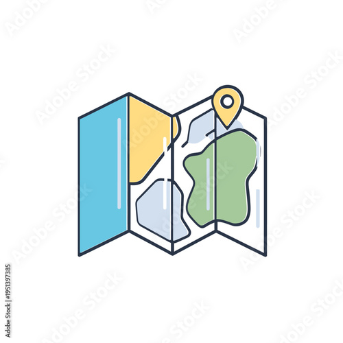 Colorful folded map illustration with a yellow location pin indicating a specific point of interest or destination.