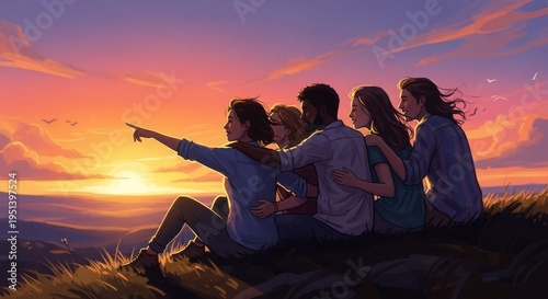 Diverse friends watching sunset on hill, pointing at horizon, friendship, hope, future