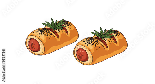 Two golden-brown sausage rolls, topped with poppy seeds and rosemary, are presented on a pristine white background.