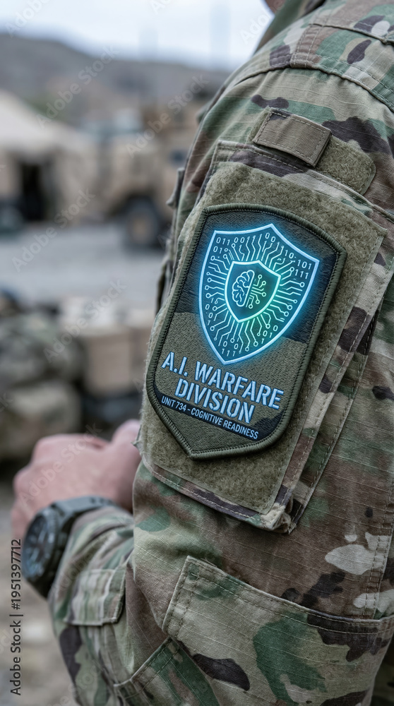 Fototapeta premium Ai warfare smart weapons sensors patch on soldier sleeve highlights modern military uniform and digital defense concept outdoors field base