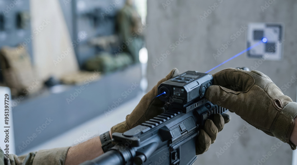 Obraz premium Ai warfare smart weapons sensors rifle scope hand calibrate targeting system with blue laser beam and tactical glove focus