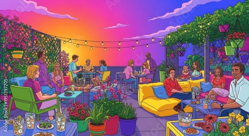 Vibrant Rooftop Party Sunset: Diverse People Enjoying Evening Gathering