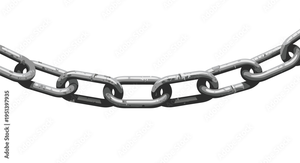 Fototapeta premium A single, curved metal chain with textured grayish-silver links hangs horizontally against a clean white background.