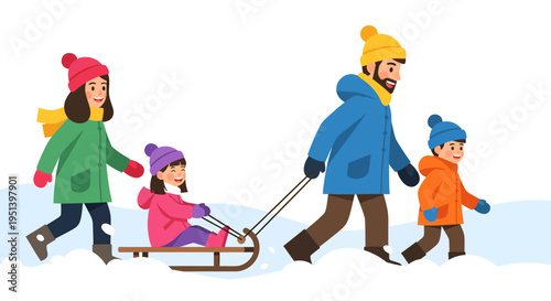 A family of four enjoys a winter stroll, with a man pulling a child on a sled while a woman and another child walk alongside in colorful winter clothing against a white background.