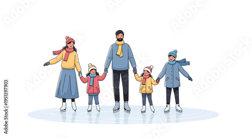 Illustration of a family of four ice skating together in winter clothing on a white background with a joyful mood.