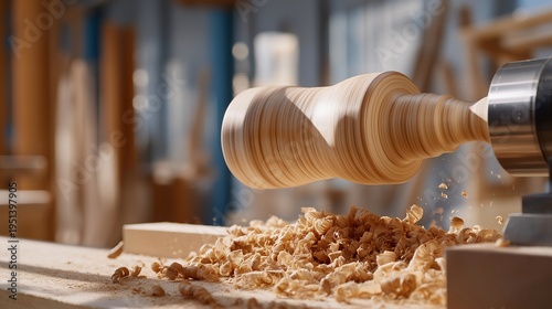 Woodturner shapes elegant spindle on lathe machine, wood curls spiraling onto workshop floor beneath rotating walnut blank and sharp gouging tools, ideal for furniture woodworking craft precision