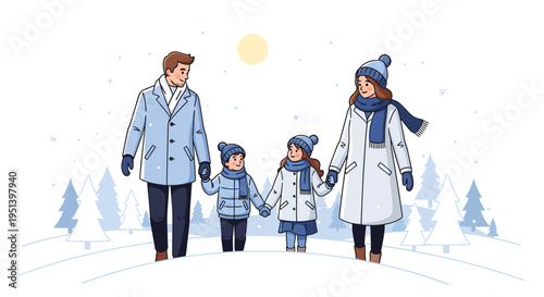 A family of four, dressed in winter clothing, walks hand in hand through a snowy landscape with pine trees and a full moon in the background, conveying a sense of togetherness and warmth.