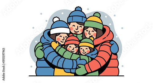 A group of five happy children wearing colorful winter clothing hug each other tightly in a heartwarming illustration with a clean white background and subtle snowfall.