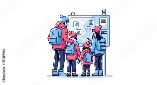 Illustration of a family in winter clothing looking at a bus schedule with backpacks on, conveying a sense of travel planning in a cold weather setting with a clean white background.