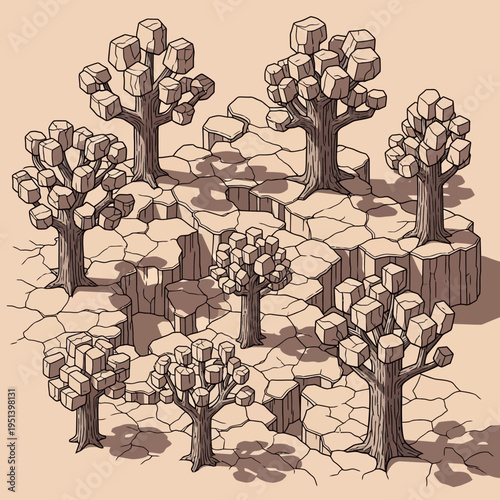 Isometric illustration of a landscape featuring cube-shaped trees and cracked terrain.