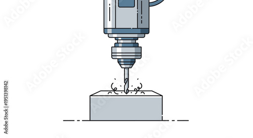 A gray industrial drill bit is actively boring into a light gray rectangular metal block, creating shavings against a white background.