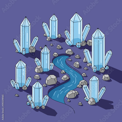 An isometric illustration of a crystal formation with a flowing river and rocks.