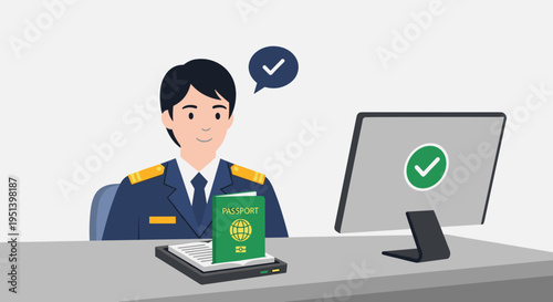 Man in blue uniform sitting desk.