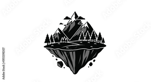 Floating island landscape with mountains trees and clouds silhouette