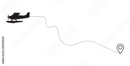 Airplane Flight Path with Wavy Dotted Line, Travel, Journey, and Destination Vector Concept, map pin marker, destination location icon, floatplane travel route, isolated aviation vector.