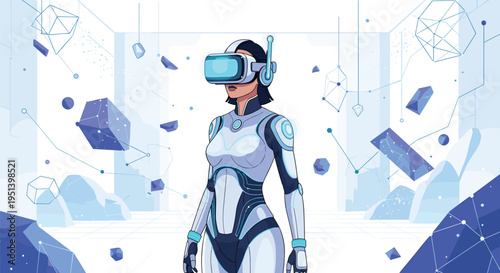 A female figure in a futuristic suit and VR headset stands amidst floating geometric shapes in a vast digital environment.