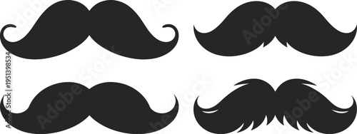 Set of stylish mustache silhouettes with curled and textured designs isolated on white background, vintage barber icons for grooming, fashion branding and retro logo elements