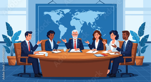 Illustration of a diverse business team in a meeting with a world map in the background.